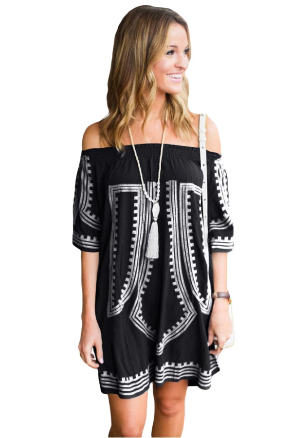 Black Bohemian Vibe Printed Off The Shoulder Cover Up Dress 